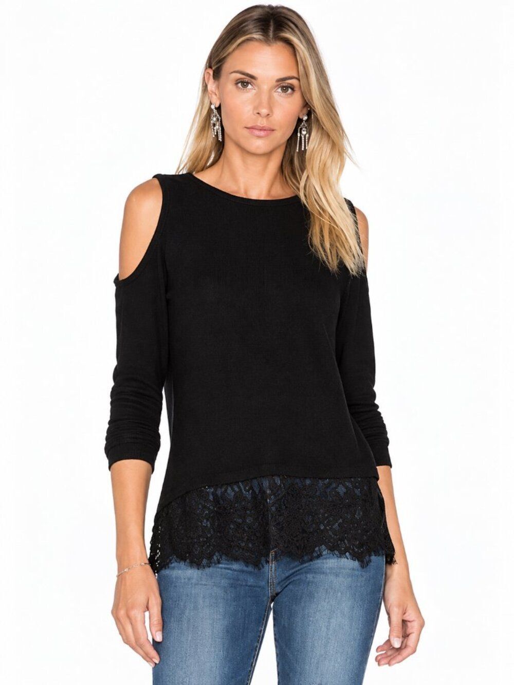 Generation Love Women S Black Cold Shoulder Lace Hem Modal Top Y2K Chic USA